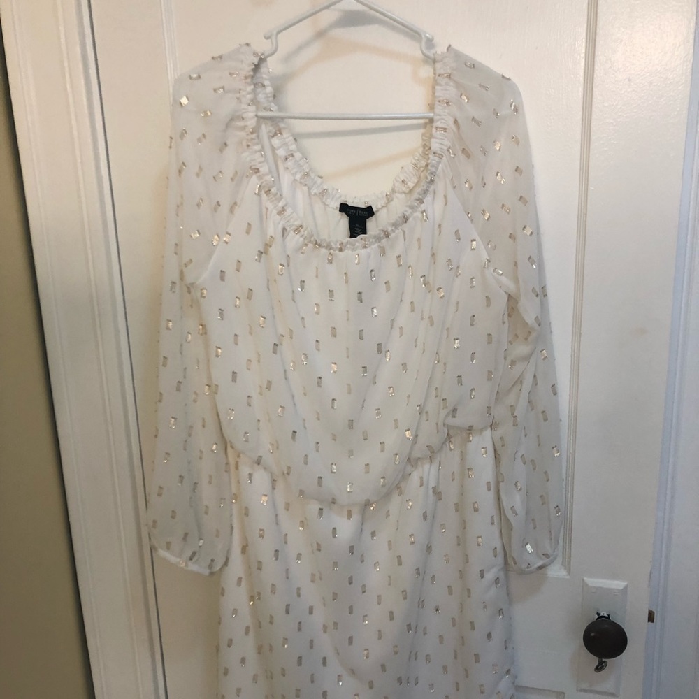 WHBM White Grecian Dress w/ gold detail. Size XL